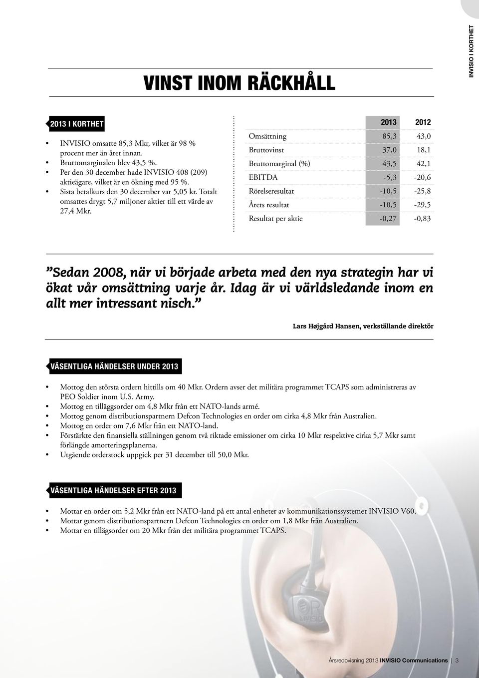 2013 2012 Omsättning 85,3 43,0 Bruttovinst 37,0 18,1 Bruttomarginal (%) 43,5 42,1 EBITDA -5,3-20,6 Rörelseresultat -10,5-25,8 Årets resultat -10,5-29,5 Resultat per aktie -0,27-0,83 Sedan 2008, när