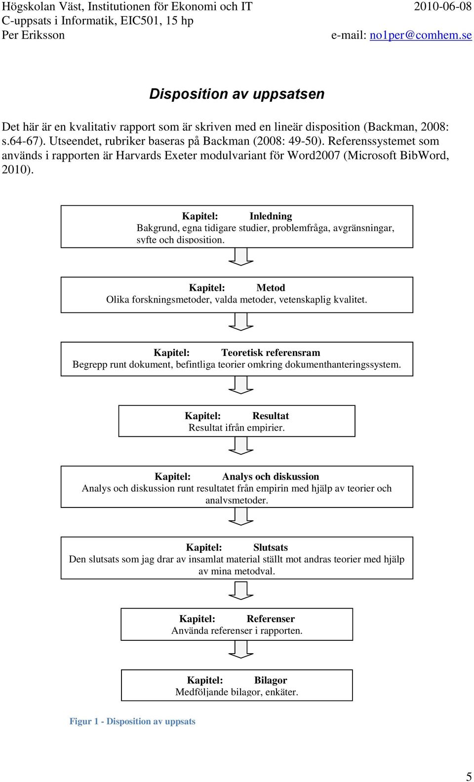 Kapitel: Inledning Bakgrund, egna tidigare studier, problemfråga, avgränsningar, syfte och disposition. Kapitel: Metod Olika forskningsmetoder, valda metoder, vetenskaplig kvalitet.