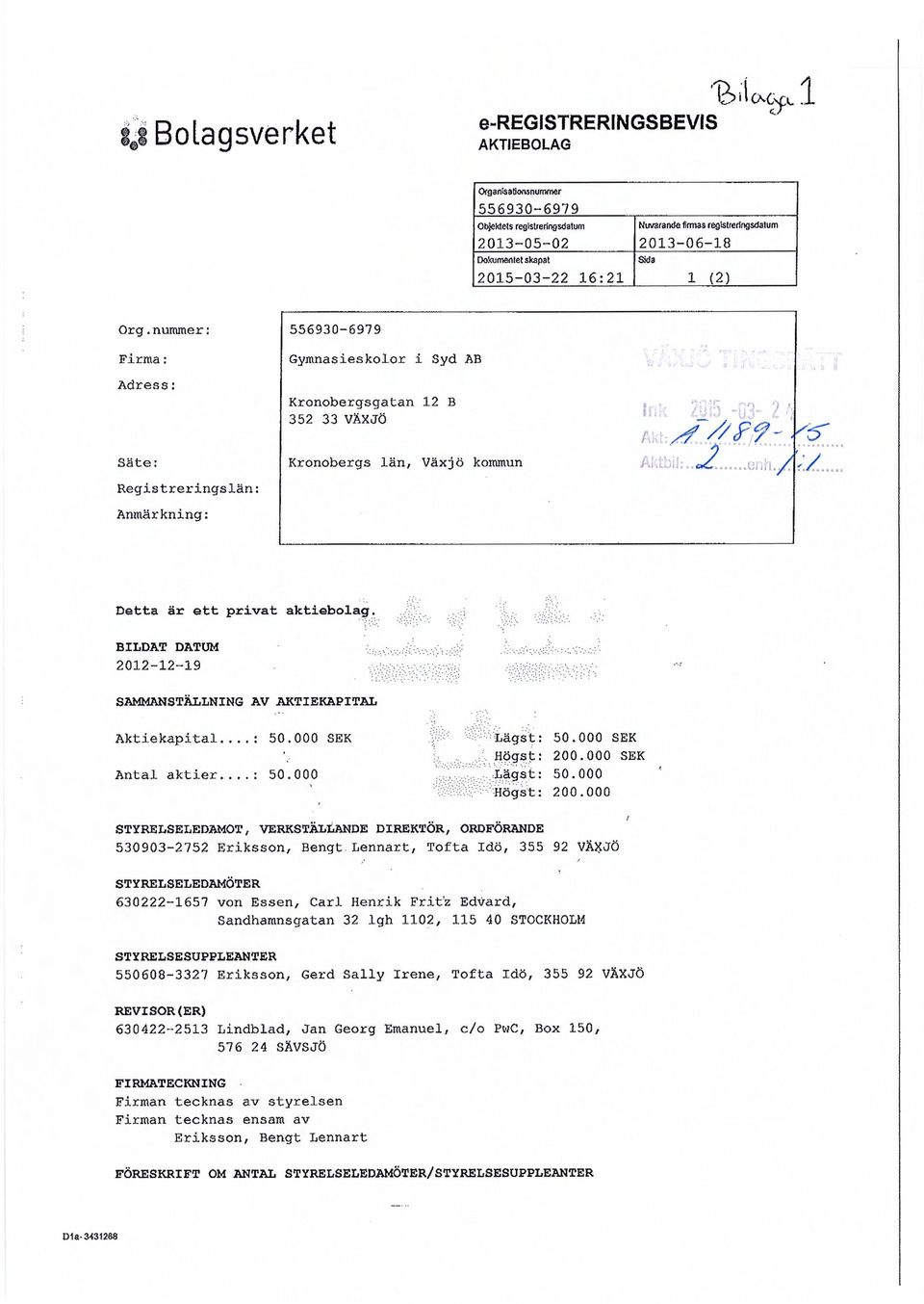 nummer: 556930-6979 Firma: Gymnasieskolor i Syd AB Adress: Kronobergsgatan 12 B 352 33 VÄXJÖ A; / f / / f 9 - Säte: Registreringslän: Anmärkning: Kronobergs län, Växjö kommun a.