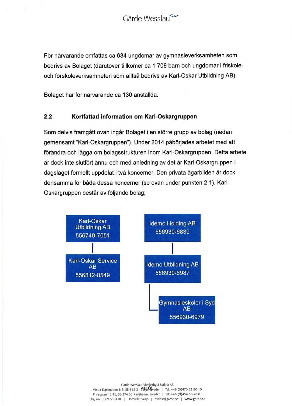 2 Kortfattad information om Karl-Oskargruppen Som delvis framgått ovan ingår Bolaget i en större grupp av bolag (nedan gemensamt "Karl-Oskargruppen").