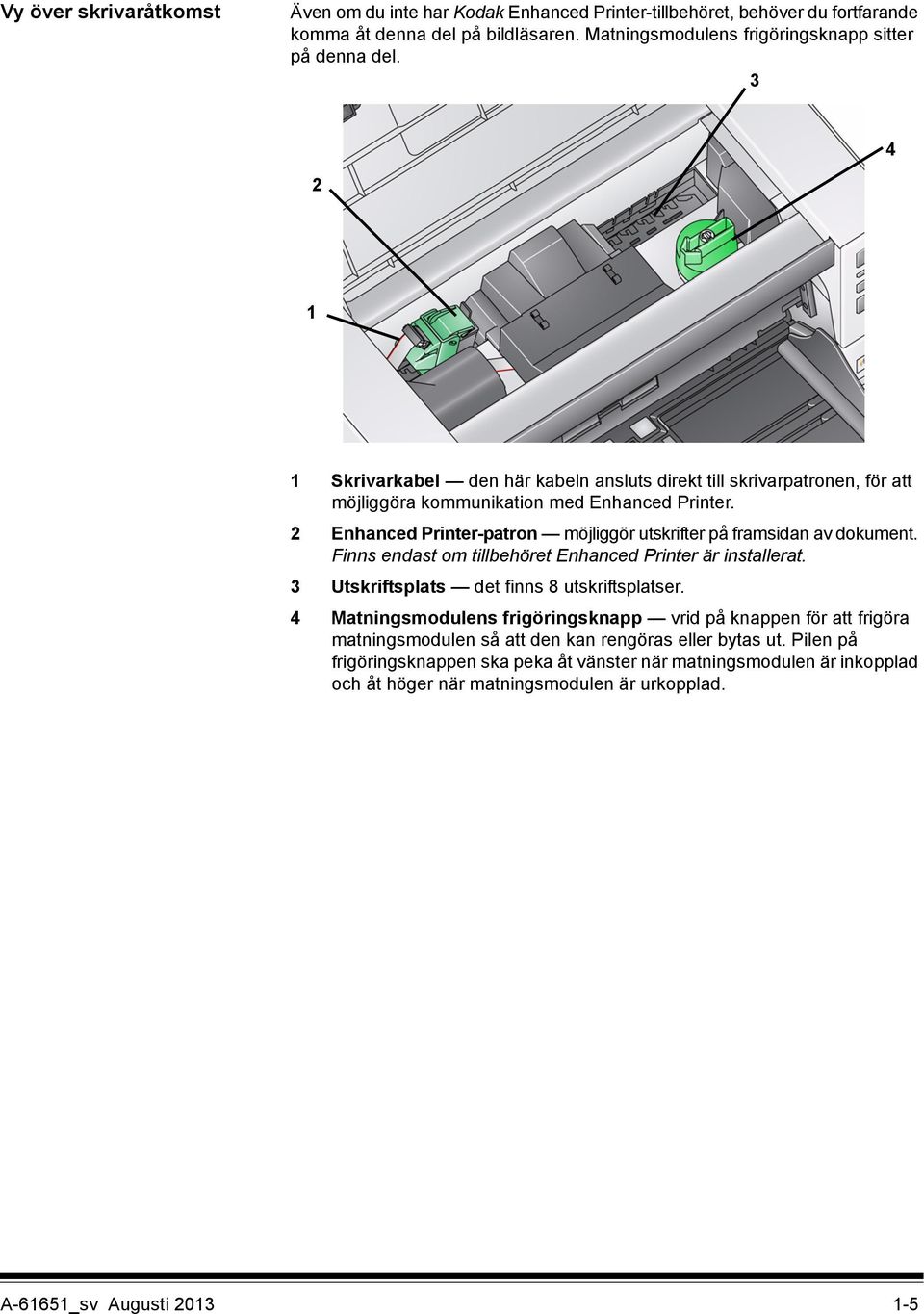 2 Enhanced Printer-patron möjliggör utskrifter på framsidan av dokument. Finns endast om tillbehöret Enhanced Printer är installerat. 3 Utskriftsplats det finns 8 utskriftsplatser.