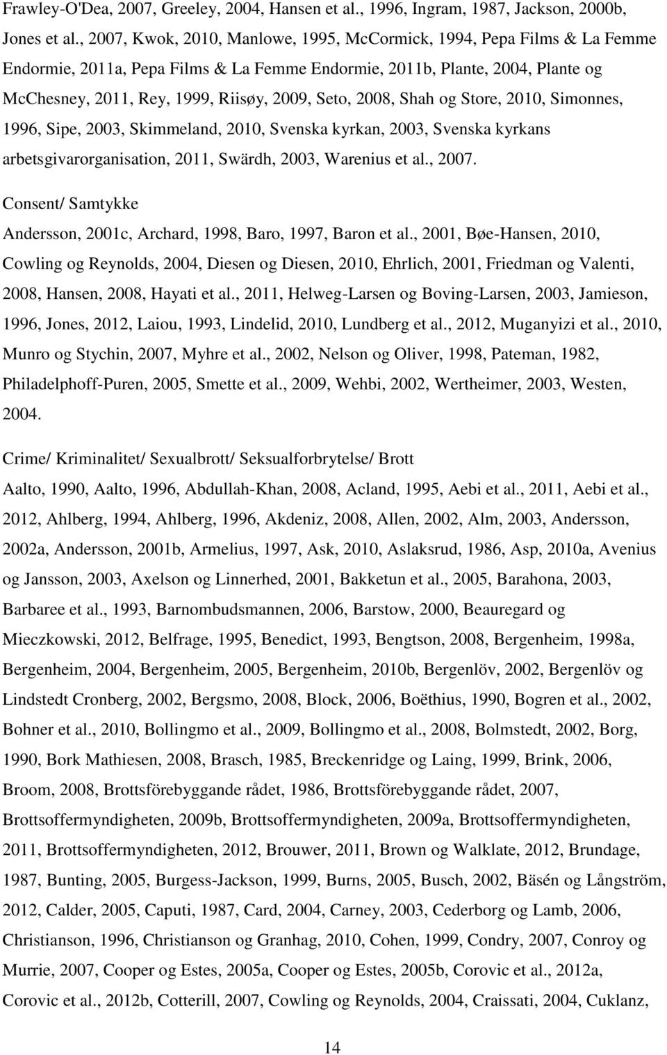 Seto, 2008, Shah og Store, 2010, Simonnes, 1996, Sipe, 2003, Skimmeland, 2010, Svenska kyrkan, 2003, Svenska kyrkans arbetsgivarorganisation, 2011, Swärdh, 2003, Warenius et al., 2007.