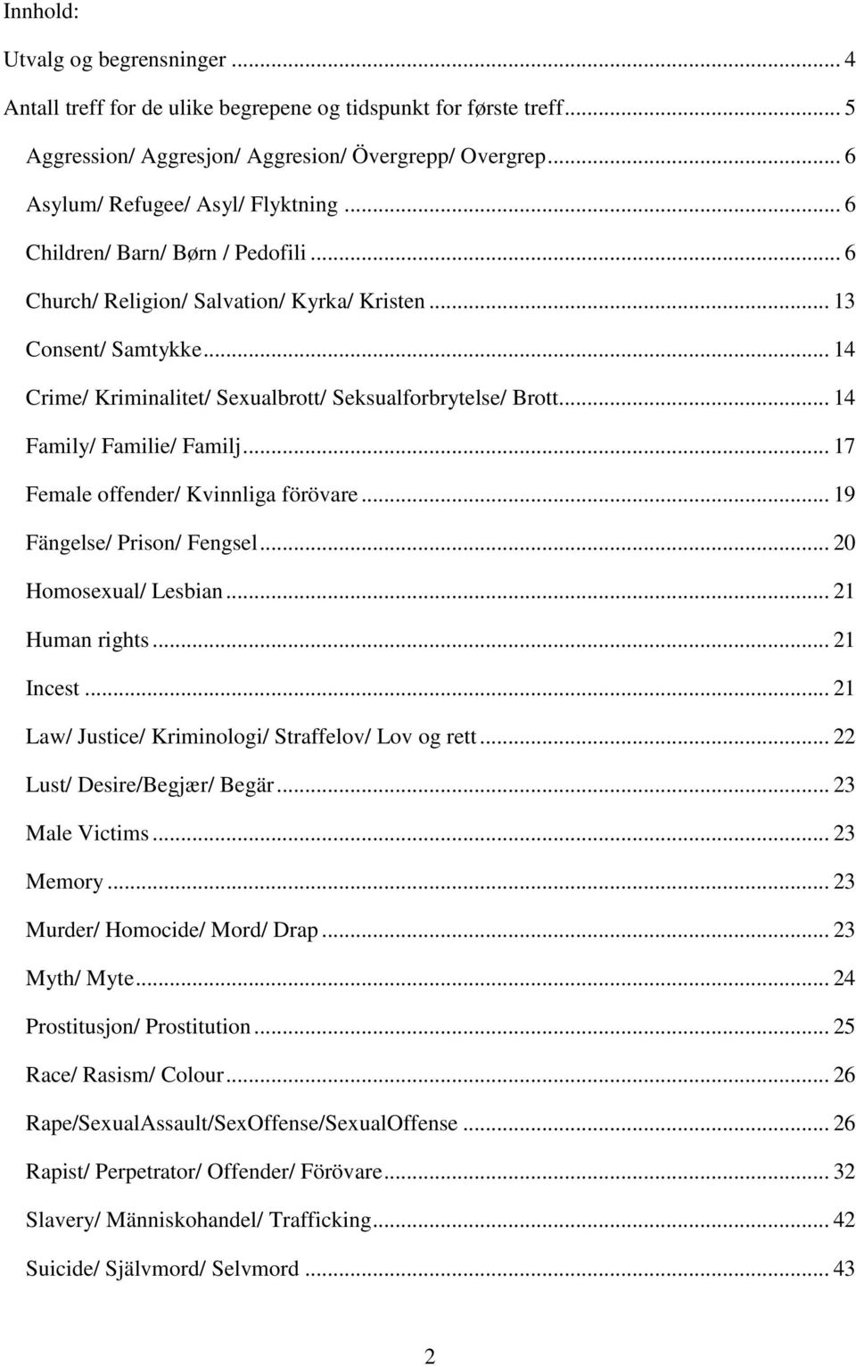 .. 14 Family/ Familie/ Familj... 17 Female offender/ Kvinnliga förövare... 19 Fängelse/ Prison/ Fengsel... 20 Homosexual/ Lesbian... 21 Human rights... 21 Incest.