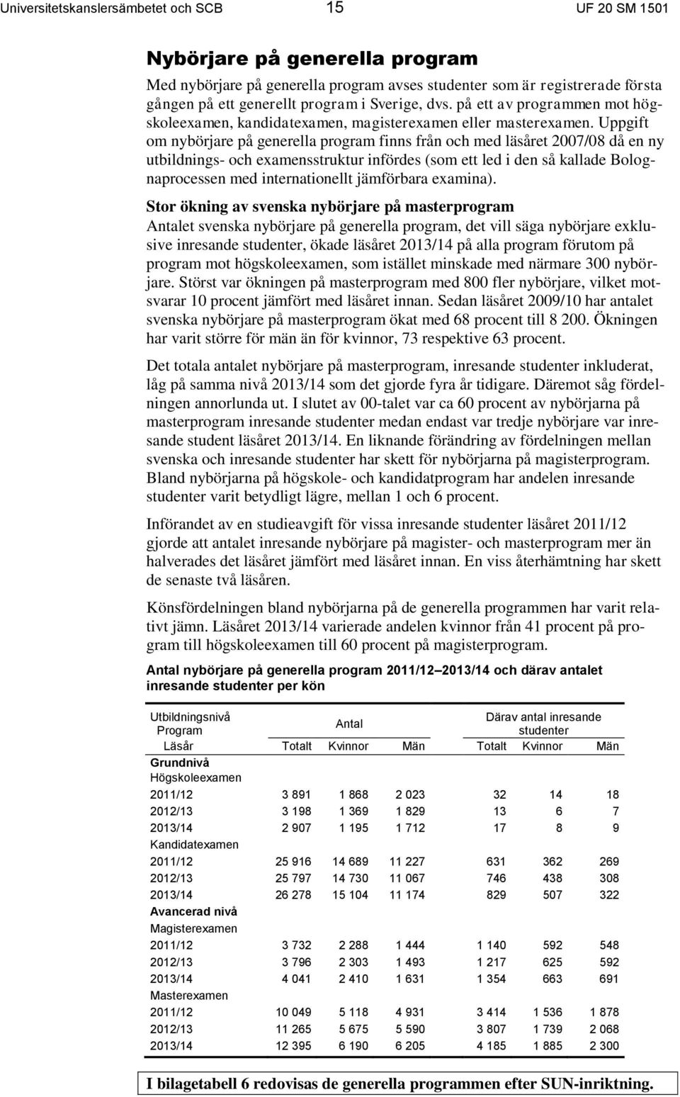 Uppgift om nybörjare på generella program finns från och med läsåret 2007/08 då en ny utbildnings- och examensstruktur infördes (som ett led i den så kallade Bolognaprocessen med internationellt
