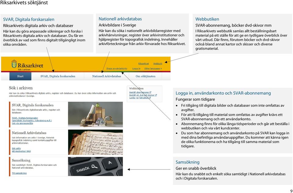 Nationell arkivdatabas Arkivbildare i Sverige Här kan du söka i nationellt arkivbildarregister med arkivhänvisningar, register över arkivinstitutioner och hjälpregister för topografisk indelning.