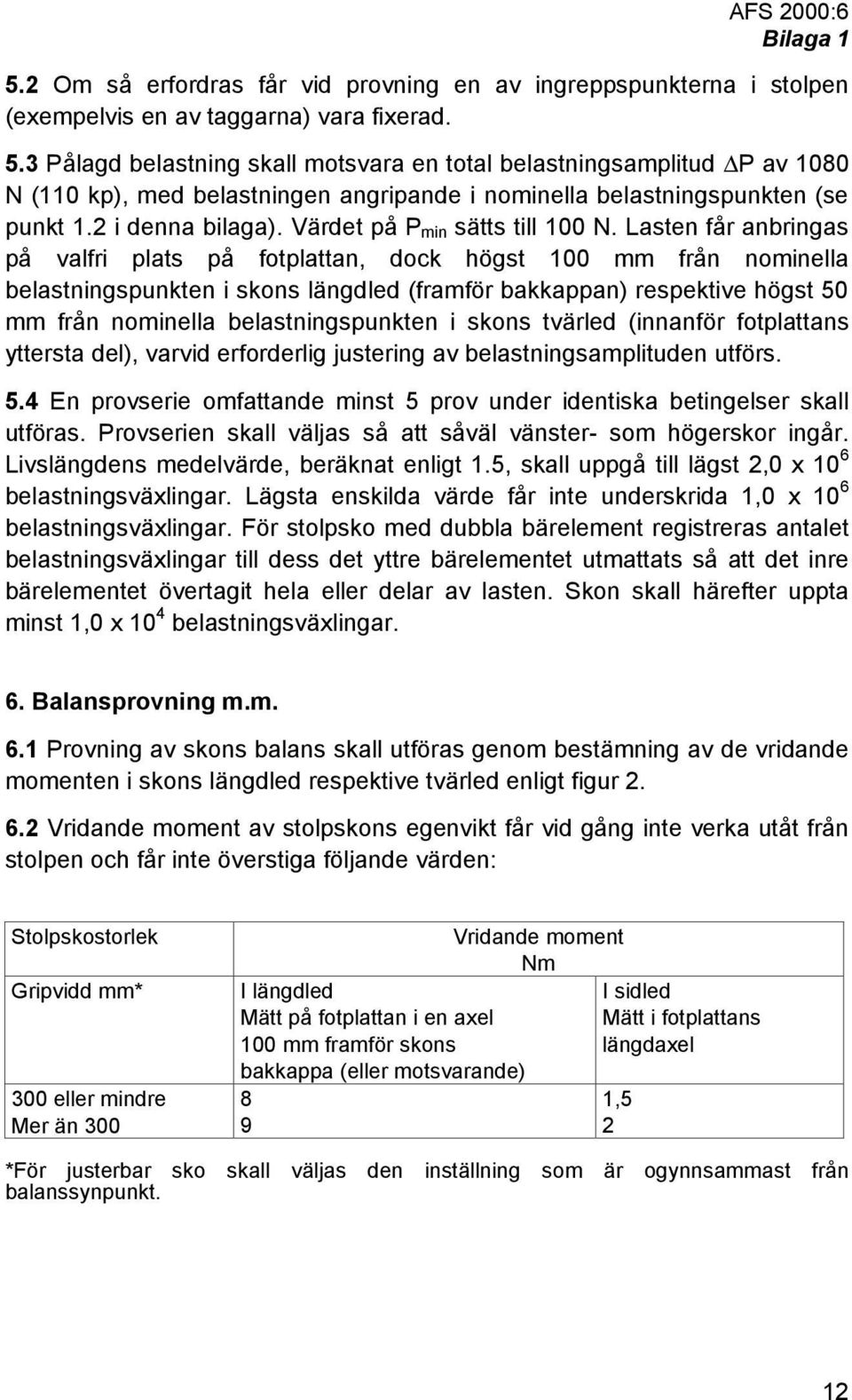 Lasten får anbringas på valfri plats på fotplattan, dock högst 100 mm från nominella belastningspunkten i skons längdled (framför bakkappan) respektive högst 50 mm från nominella belastningspunkten i