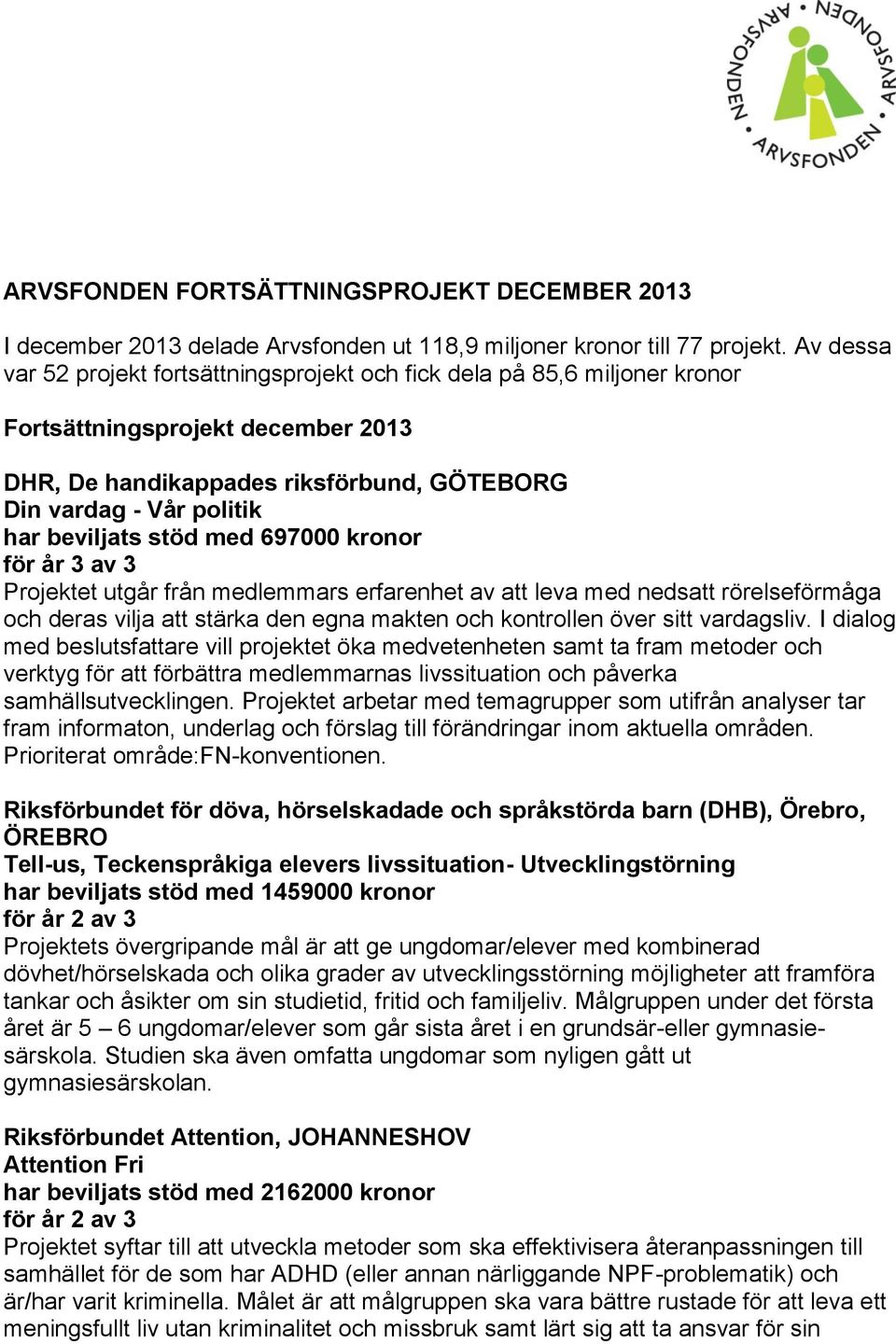 beviljats stöd med 697000 kronor Projektet utgår från medlemmars erfarenhet av att leva med nedsatt rörelseförmåga och deras vilja att stärka den egna makten och kontrollen över sitt vardagsliv.