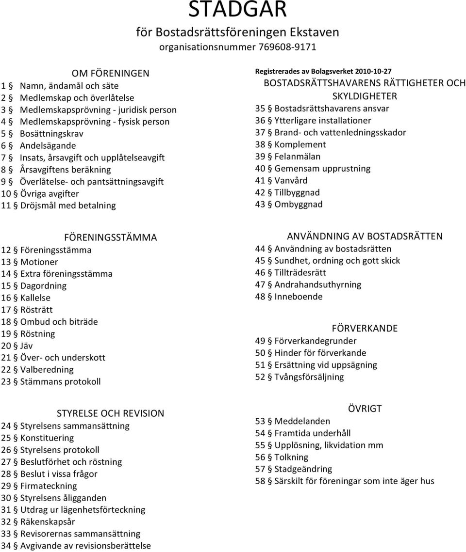 Dröjsmål med betalning Registrerades av Bolagsverket 2010-10- 27 BOSTADSRÄTTSHAVARENS RÄTTIGHETER OCH SKYLDIGHETER 35 Bostadsrättshavarens ansvar 36 Ytterligare installationer 37 Brand- och