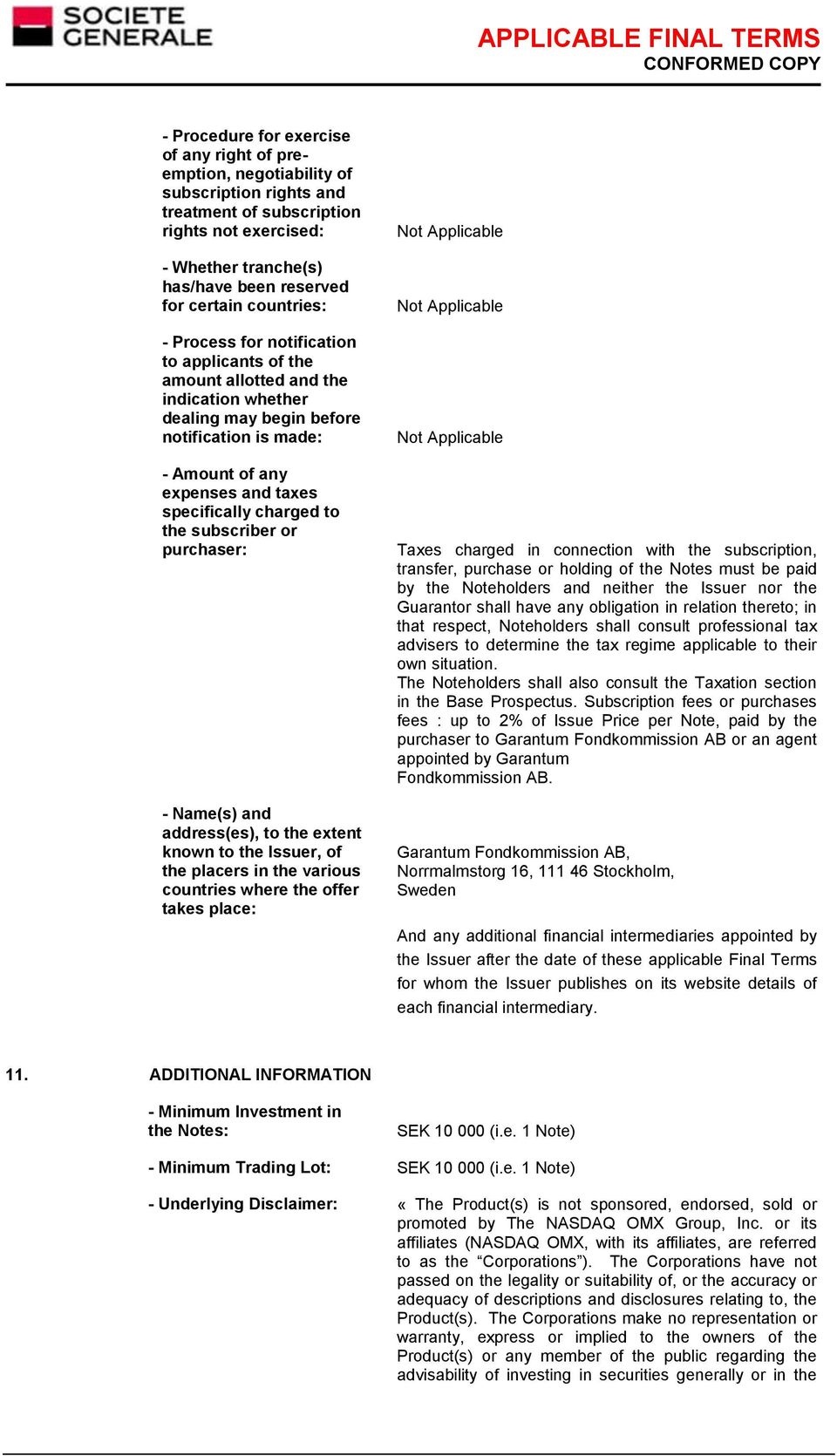 charged to the subscriber or purchaser: - Name(s) and address(es), to the extent known to the Issuer, of the placers in the various countries where the offer takes place: Taxes charged in connection