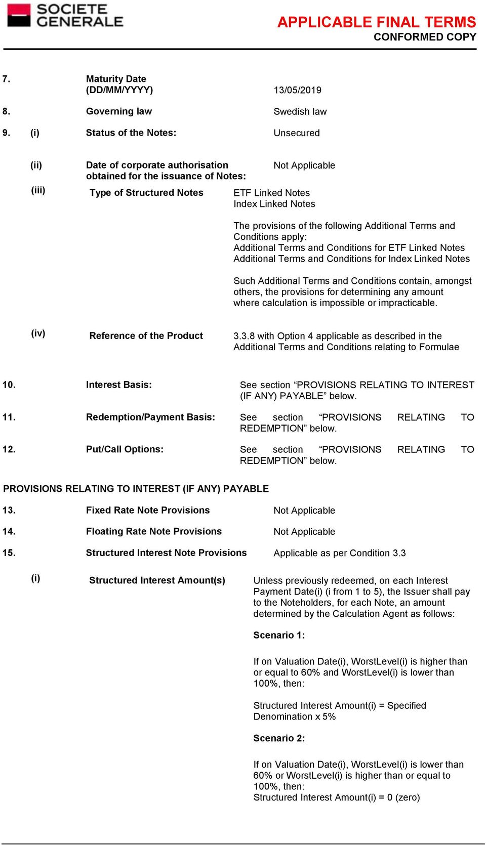 following Additional Terms and Conditions apply: Additional Terms and Conditions for ETF Linked Notes Additional Terms and Conditions for Index Linked Notes Such Additional Terms and Conditions