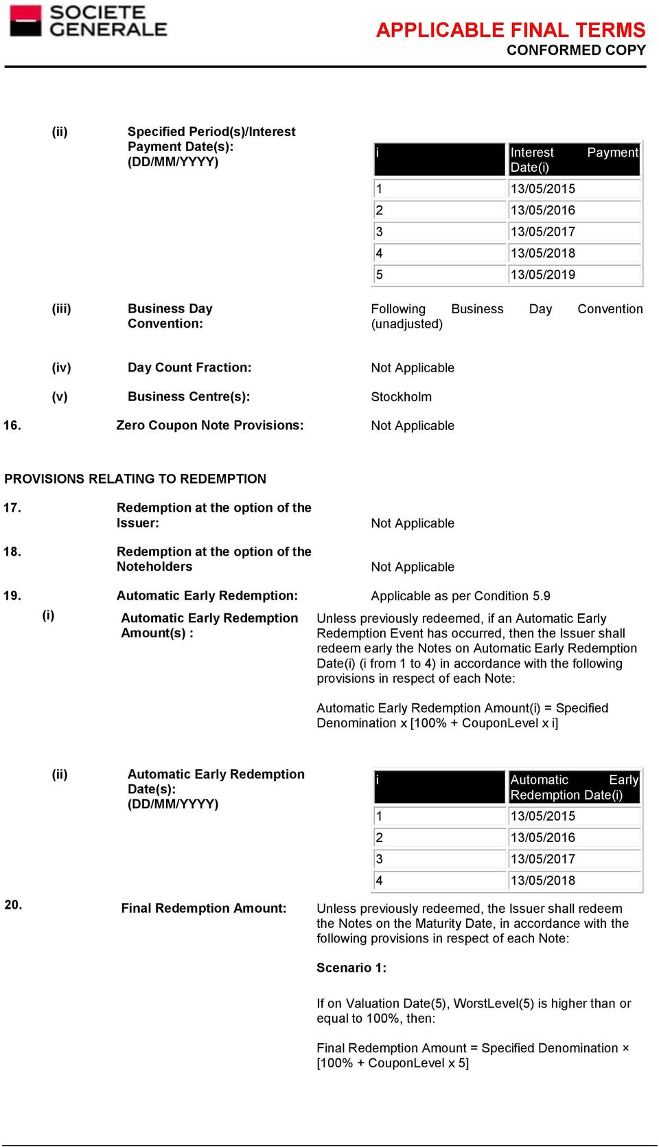 Redemption at the option of the Issuer: 18. Redemption at the option of the Noteholders 19. Automatic Early Redemption: Applicable as per Condition 5.