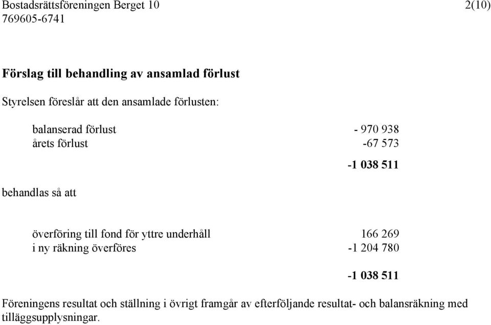 överföring till fond för yttre underhåll 166 269 i ny räkning överföres -1 204 780-1 038 511 Föreningens