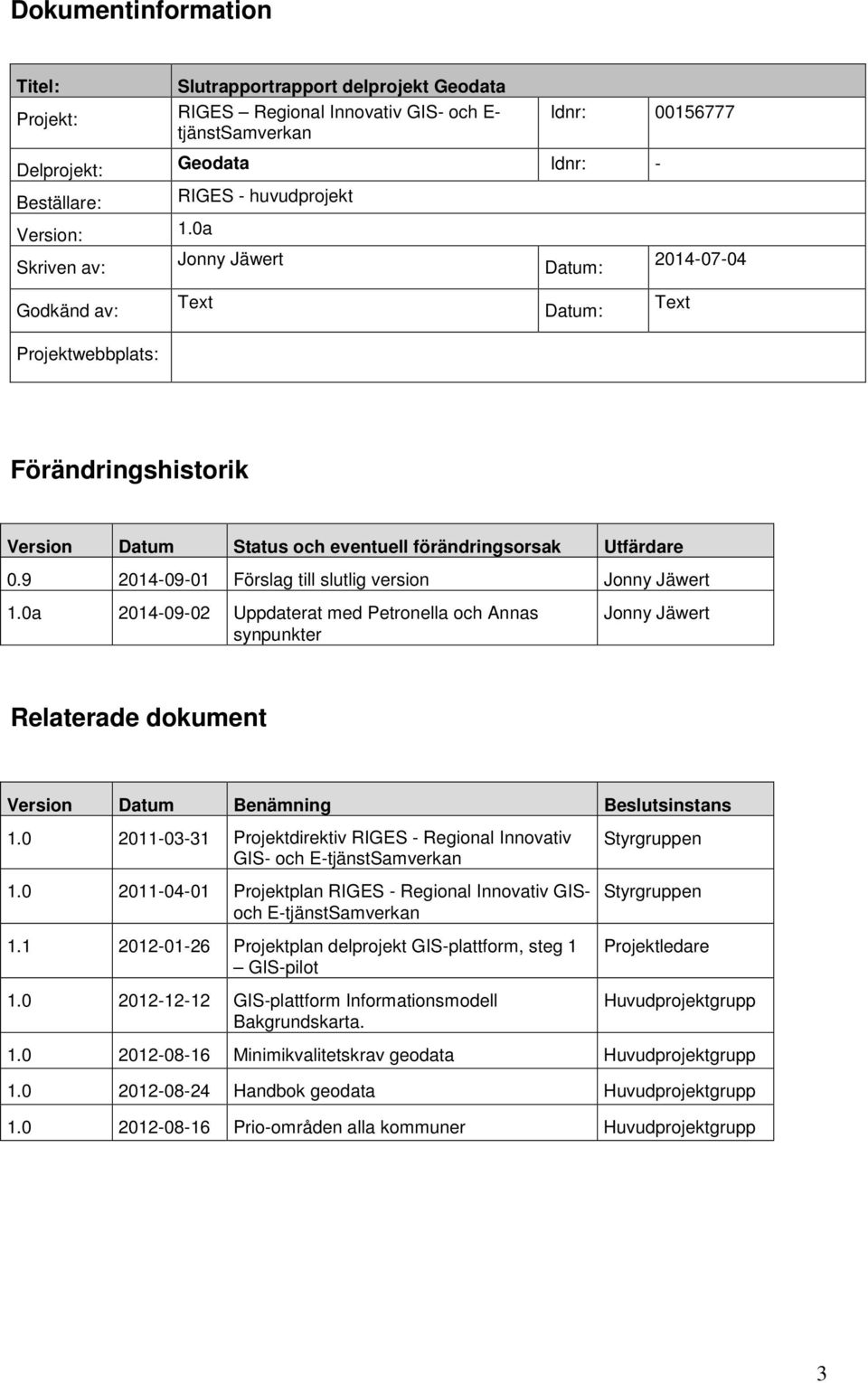 Utfärdare 0.9 2014-09-01 Förslag till slutlig version Jonny Jäwert 1.0a 2014-09-02 Uppdaterat med Petronella och Annas synpunkter Jonny Jäwert Relaterade dokument Benämning Beslutsinstans 1.