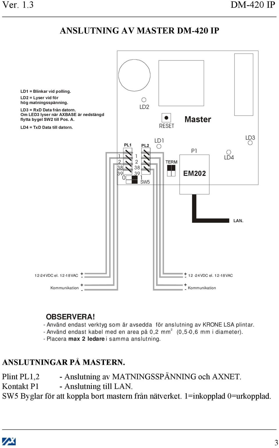 1-1VAC + + - - 1 -VDC el. 1-1VAC + + Kommunikation - Kommunikation - OBSERVERA! - Använd endast verktyg som är avsedda för anslutning av KRONE LSA plintar.