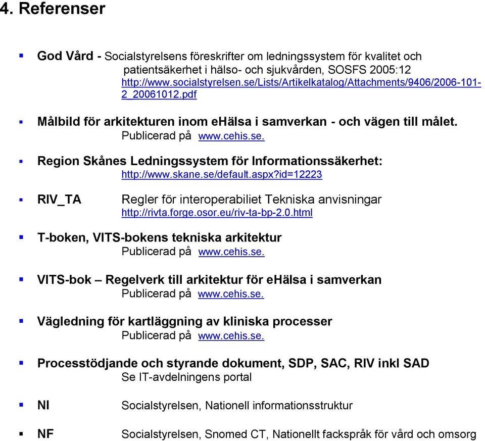 skane.se/default.aspx?id=12223 RIV_TA Regler för interoperabiliet Tekniska anvisningar http://rivta.forge.osor.eu/riv-ta-bp-2.0.html T-boken, VITS-bokens tekniska arkitektur Publicerad på www.cehis.