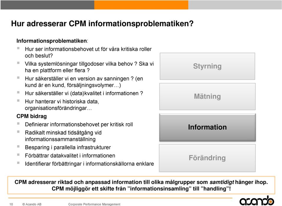 Hur hanterar vi historiska data, organisationsförändringar CPM bidrag Definierar informationsbehovet per kritisk roll Radikalt minskad tidsåtgång vid informationssammanställning Besparing i