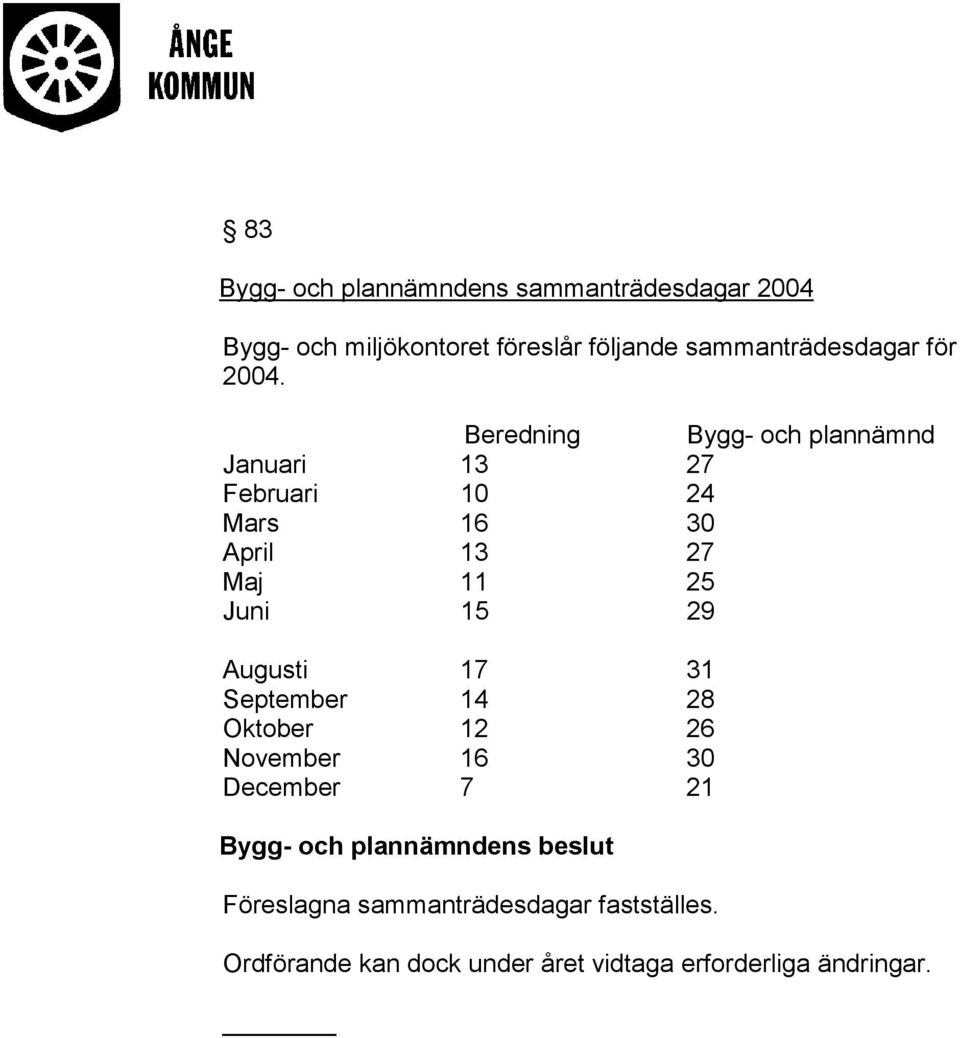 Beredning Bygg- och plannämnd Januari 13 27 Februari 10 24 Mars 16 30 April 13 27 Maj 11 25 Juni 15 29