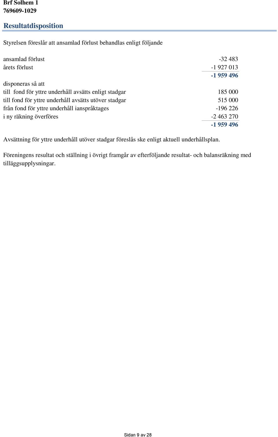 för yttre underhåll ianspråktages -196 226 i ny räkning överföres -2 463 270-1 959 496 Avsättning för yttre underhåll utöver stadgar föreslås ske enligt