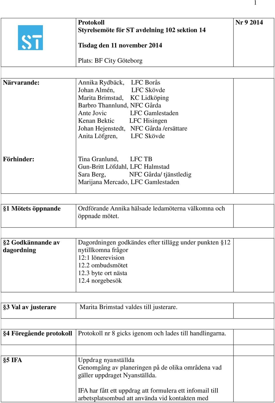 Gun-Britt Löfdahl, LFC Halmstad Sara Berg, NFC Gårda/ tjänstledig Marijana Mercado, LFC Gamlestaden 1 Mötets öppnande Ordförande Annika hälsade ledamöterna välkomna och öppnade mötet.