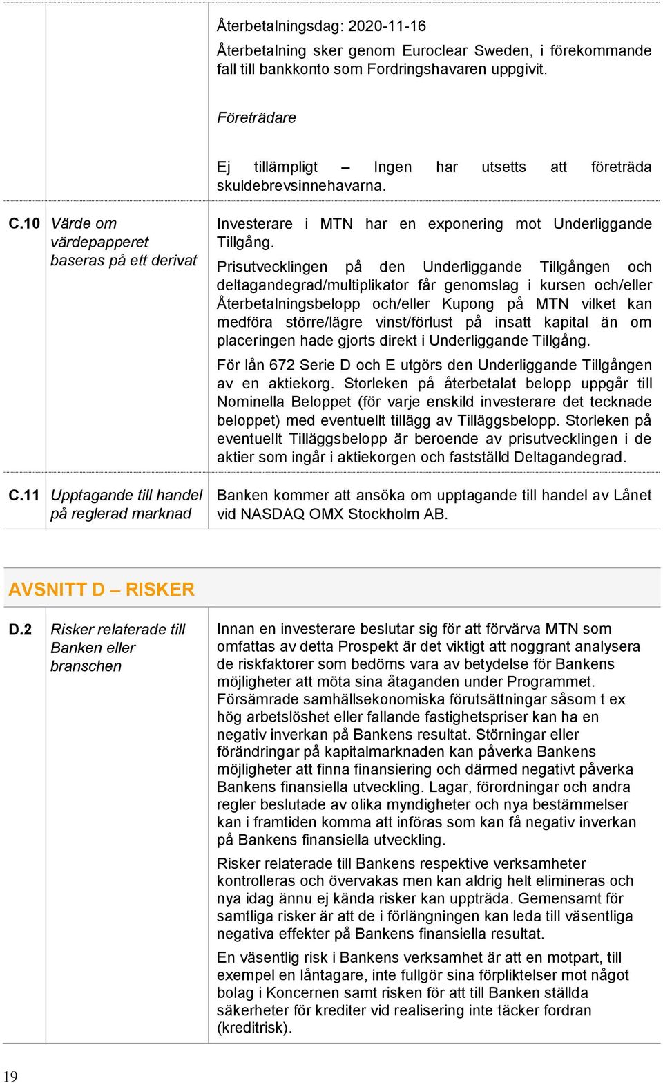 11 Upptagande till handel på reglerad marknad Investerare i MTN har en exponering mot Underliggande Tillgång.