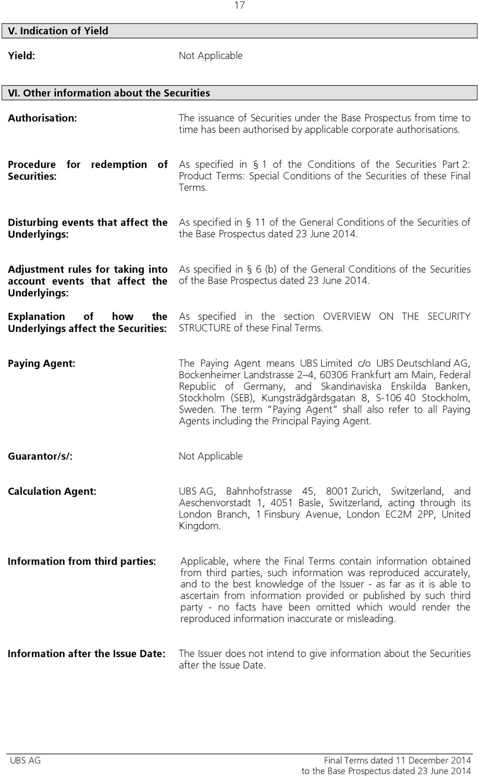 Procedure for redemption of Securities: As specified in 1 of the Conditions of the Securities Part 2: Product Terms: Special Conditions of the Securities of these Final Terms.