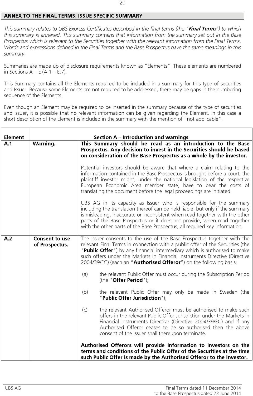 Words and expressions defined in the Final Terms and the Base Prospectus have the same meanings in this summary. Summaries are made up of disclosure requirements known as Elements.