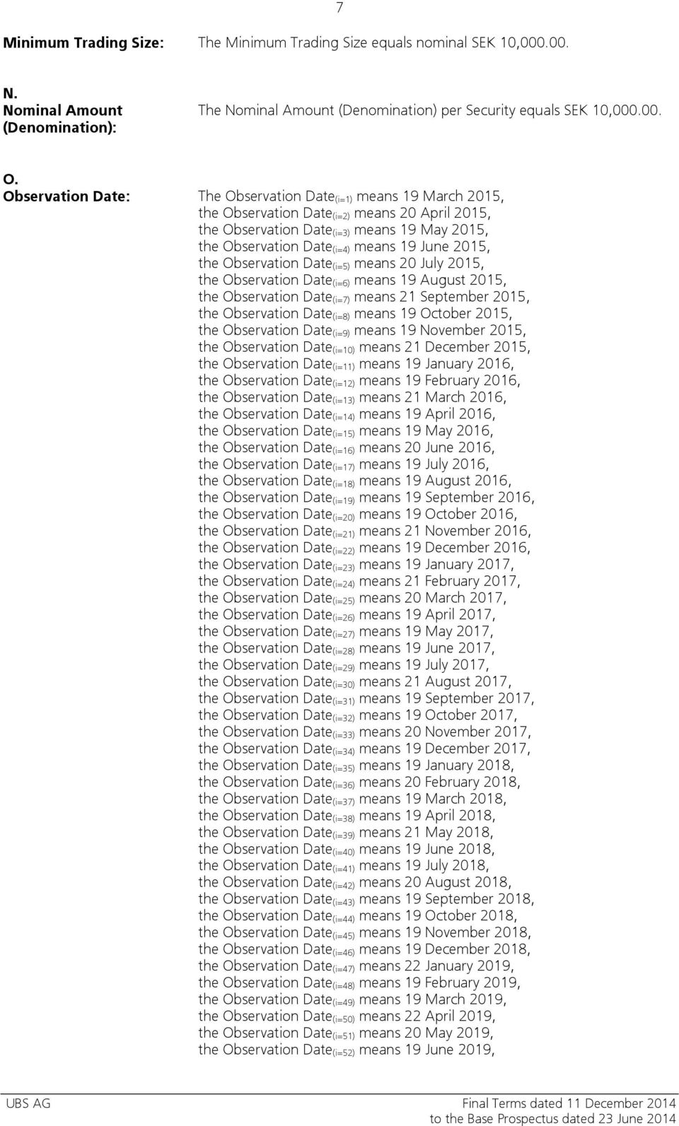 June 2015, the Observation Date (i=5) means 20 July 2015, the Observation Date (i=6) means 19 August 2015, the Observation Date (i=7) means 21 September 2015, the Observation Date (i=8) means 19