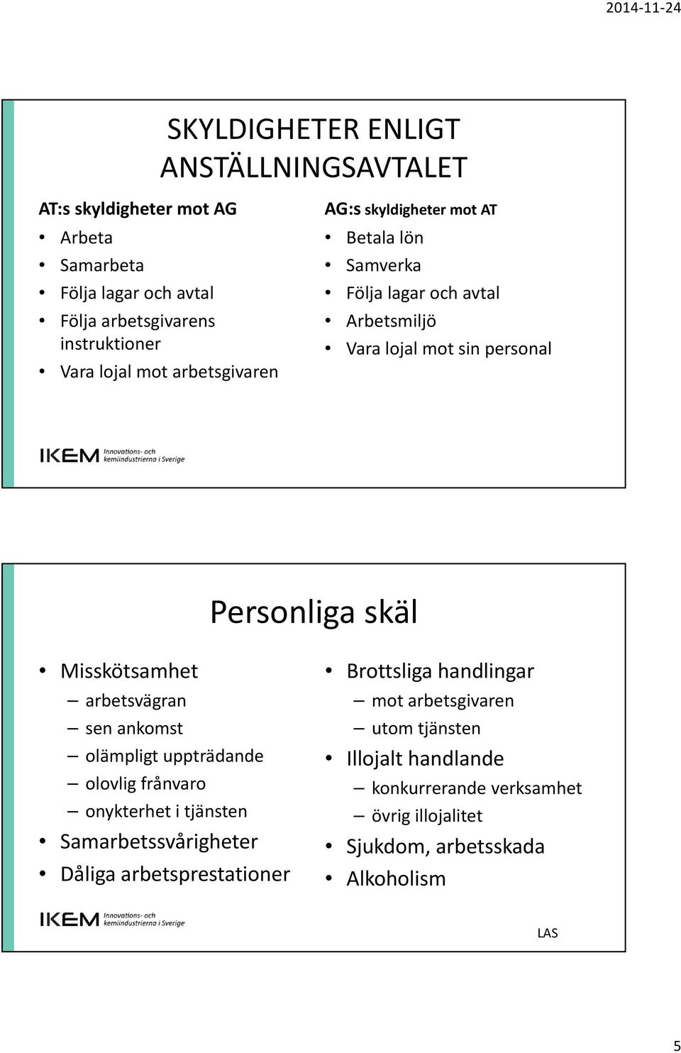 Misskötsamhet arbetsvägran sen ankomst olämpligt uppträdande olovlig frånvaro onykterhet i tjänsten Samarbetssvårigheter Dåliga arbetsprestationer