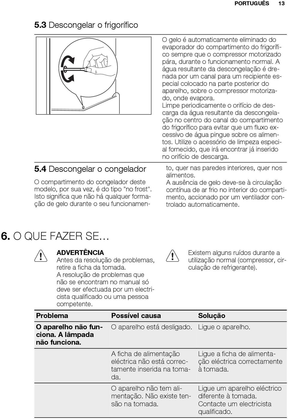 A água resultante da descongelação é drenada por um canal para um recipiente especial colocado na parte posterior do aparelho, sobre o compressor motorizado, onde evapora.