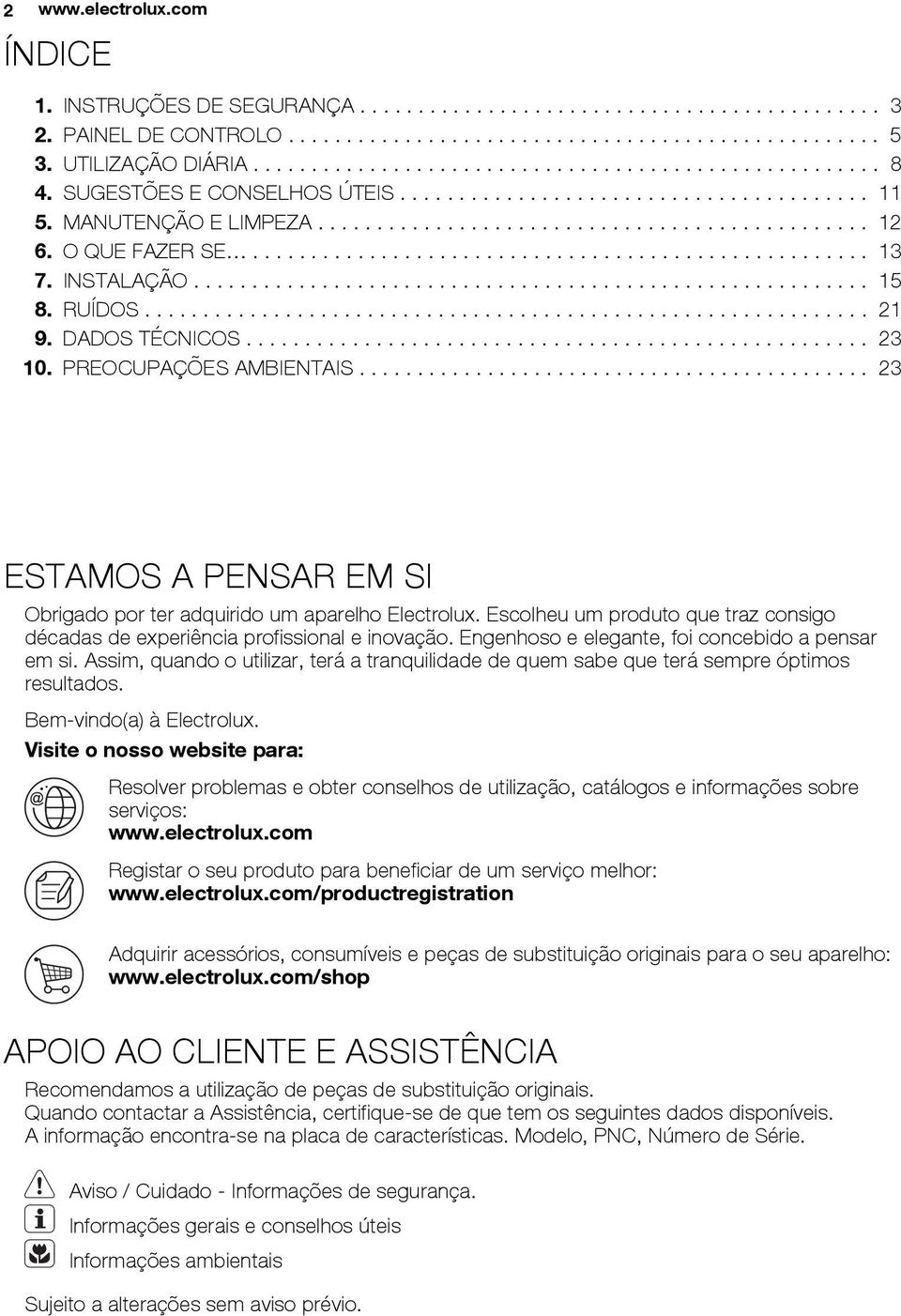 O QUE FAZER SE..................................................... 13 7. INSTALAÇÃO.......................................................... 15 8. RUÍDOS.............................................................. 21 9.