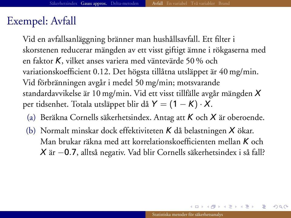 Det högsta tillåtna utsläppet är 40 mg/min. Vid förbränningen avgår i medel 50 mg/min; motsvarande standardavvikelse är 10 mg/min.