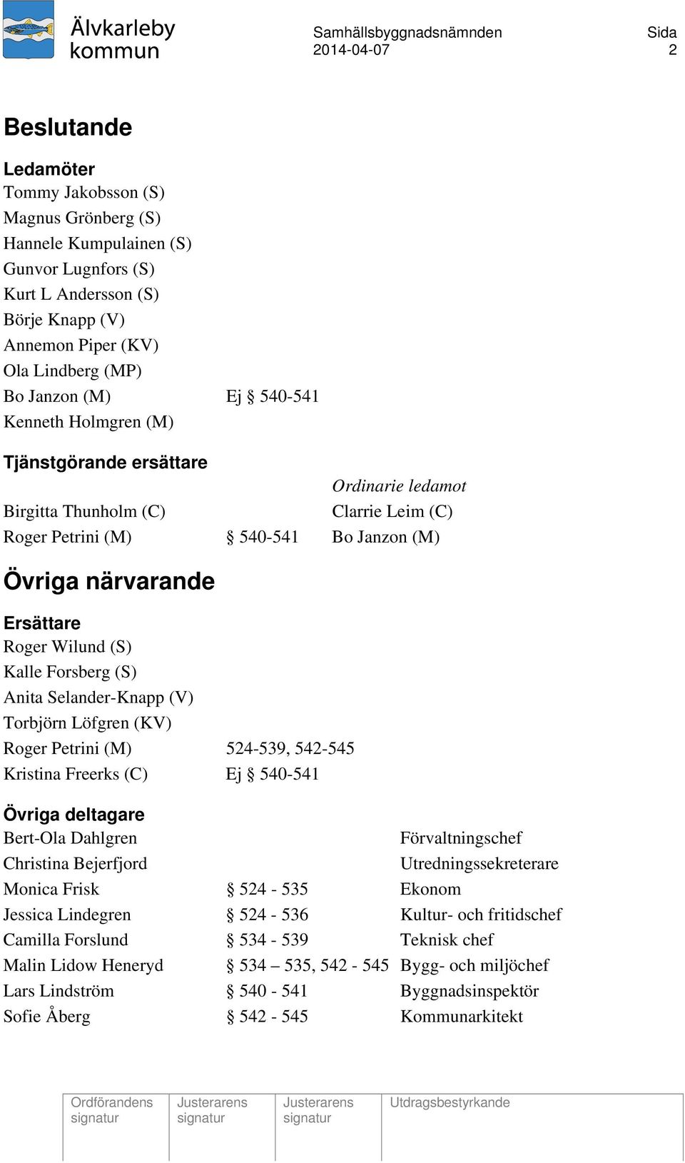 Wilund (S) Kalle Forsberg (S) Anita Selander-Knapp (V) Torbjörn Löfgren (KV) Roger Petrini (M) 524-539, 542-545 Kristina Freerks (C) Ej 540-541 Övriga deltagare Bert-Ola Dahlgren Förvaltningschef