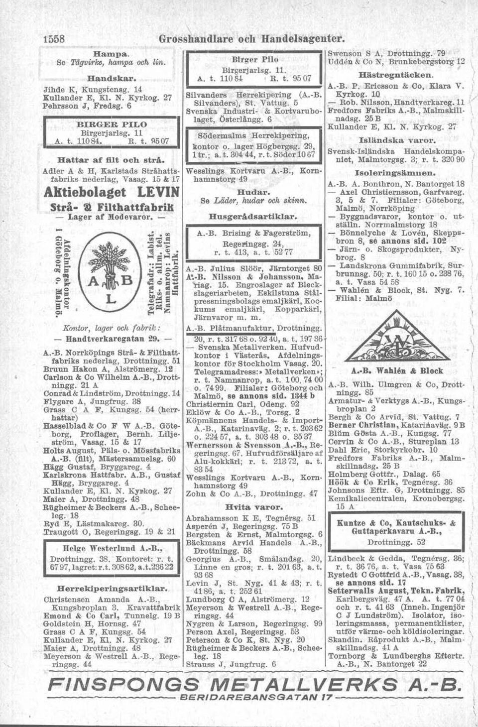 - Kontor, lager och falyrik: - Handtverkaregatan 29. - Swensbn S A,' Drottningg.. 79 Birger Pilo Udden & Co N, Brunkebergstorg 12 Birgerjarlsg. 11. A. t. 11084, R. t. 95 07 H;ästregntäcken. A.-B. P. Ericsson & Co, Klara V.