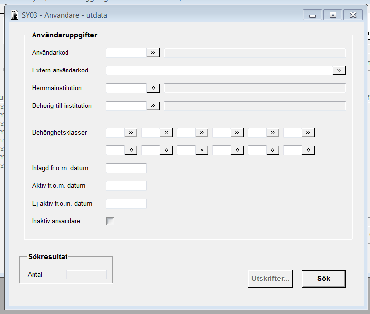 Margareta Poovi 2003-01-24 SY03 2 (6) 6 Formulär och hjälptexter Formulär SY03A00G Startformulär SY03 Användare - utdata Senast uppdaterad: 2016-02-01 Denna funktion används för att söka och skriva