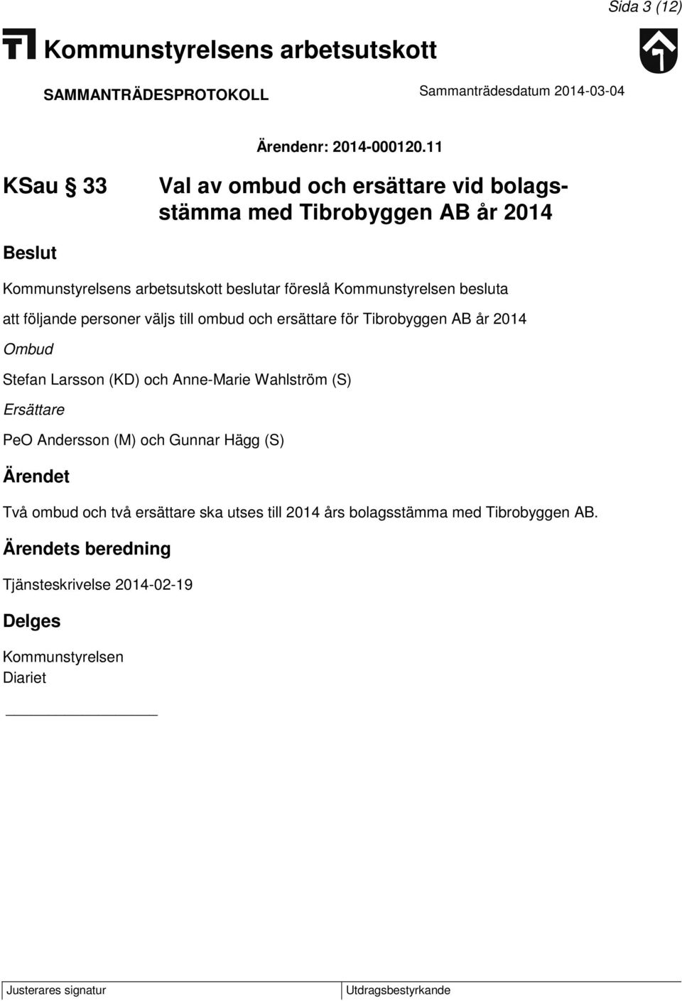 att följande personer väljs till ombud och ersättare för Tibrobyggen AB år 2014 Ombud Stefan Larsson (KD) och Anne-Marie