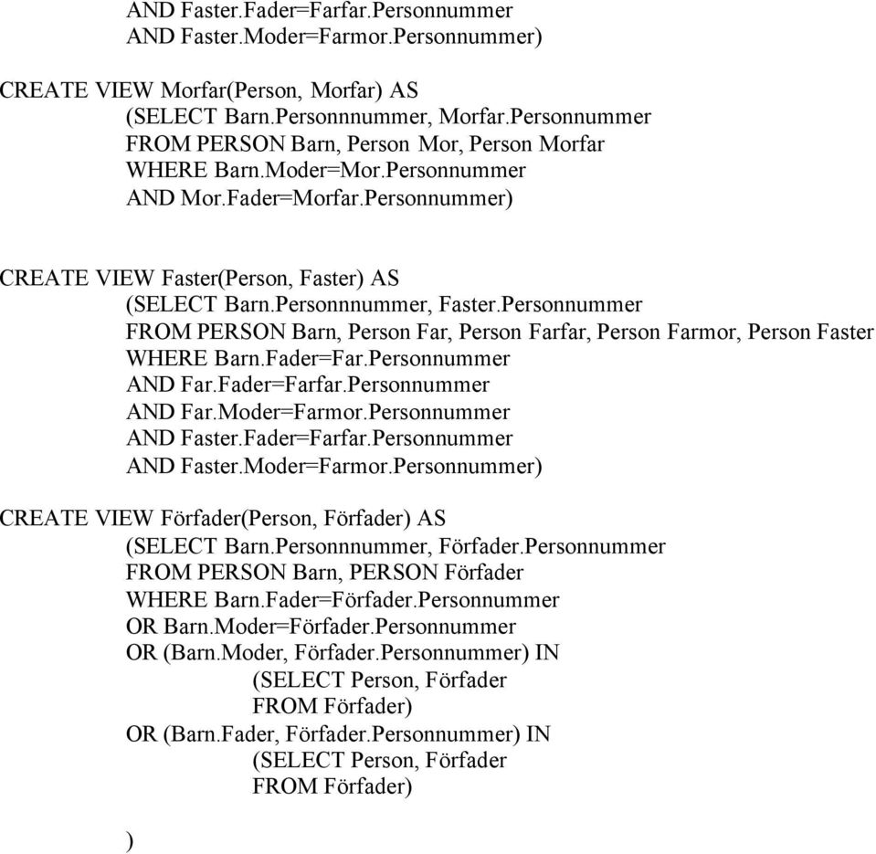 Personnummer FROM PERSON Barn, Person Far, Person Farfar, Person Farmor, Person Faster WHERE Barn.Fader=Far.Personnummer AND Far.Fader=Farfar.Personnummer AND Far.Moder=Farmor.Personnummer AND Faster.