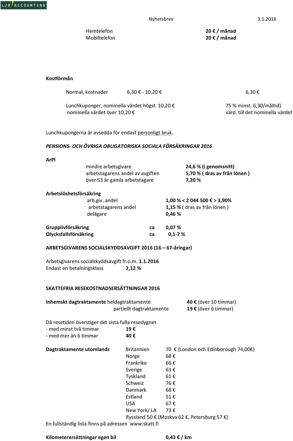 PENSIONS- OCH ÖVRIGA OBLIGATORISKA SOCIALA FÖRSÄKRINGAR 2016 ArPl mindre arbetsgivare 24,6 % (i genomsnitt) arbetstagarens andel av avgiften 5,70 % ( dras av från lönen ) över 53 år gamla