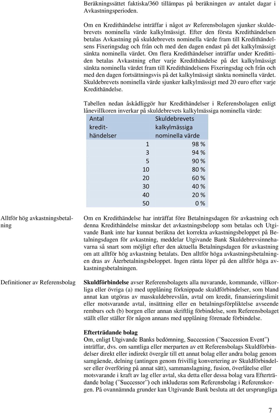 Efter den första Kredithändelsen betalas Avkastning på skuldebrevets nominella värde fram till Kredithändelsens Fixeringsdag och från och med den dagen endast på det kalkylmässigt sänkta nominella