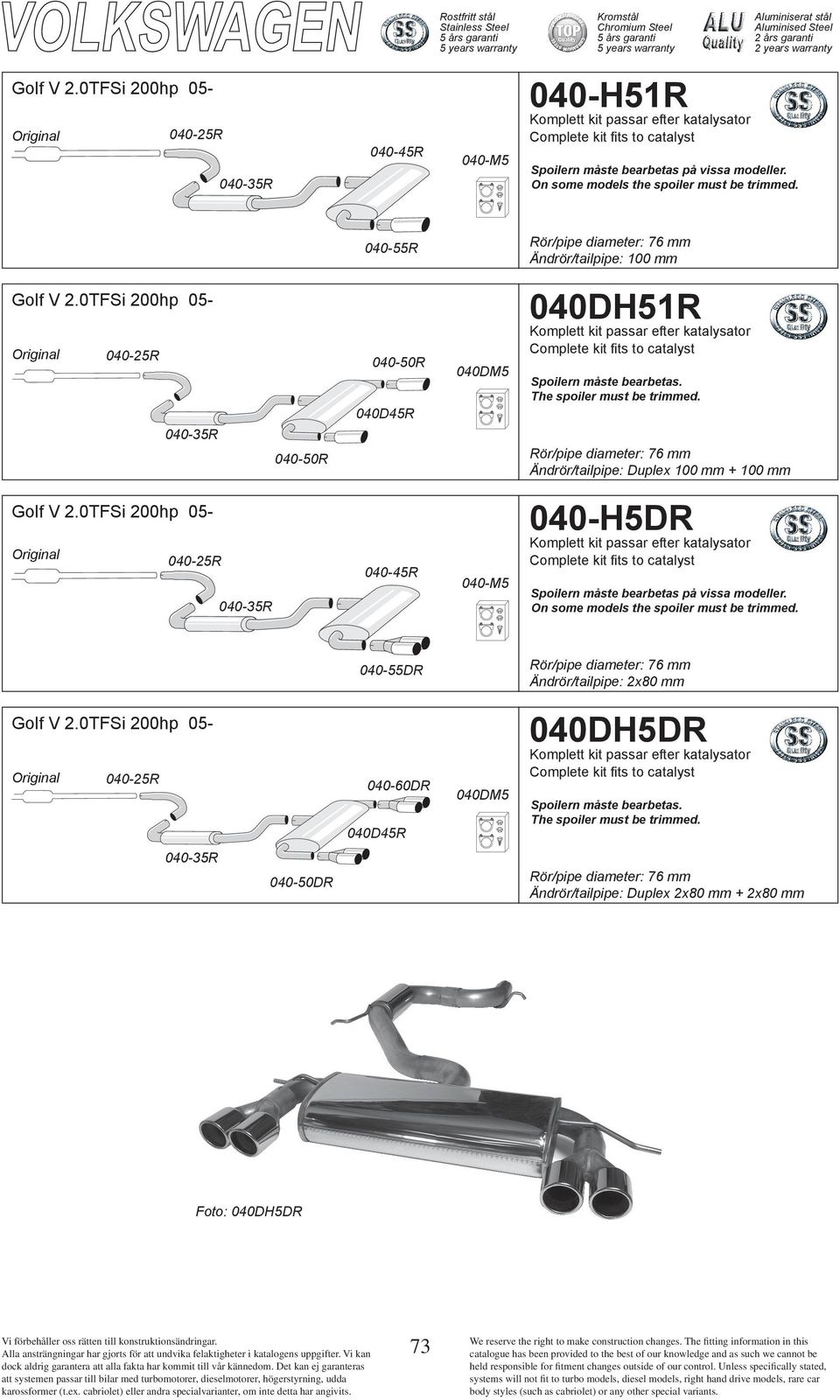 Rör/pipe diameter: 76 mm Ändrör/tailpipe: Duplex 100 mm + 100 mm Golf V 2.0TFSi 200hp 05-040-25R 040-35R 040-45R 040-M5 040-H5DR Spoilern måste bearbetas på vissa modeller.