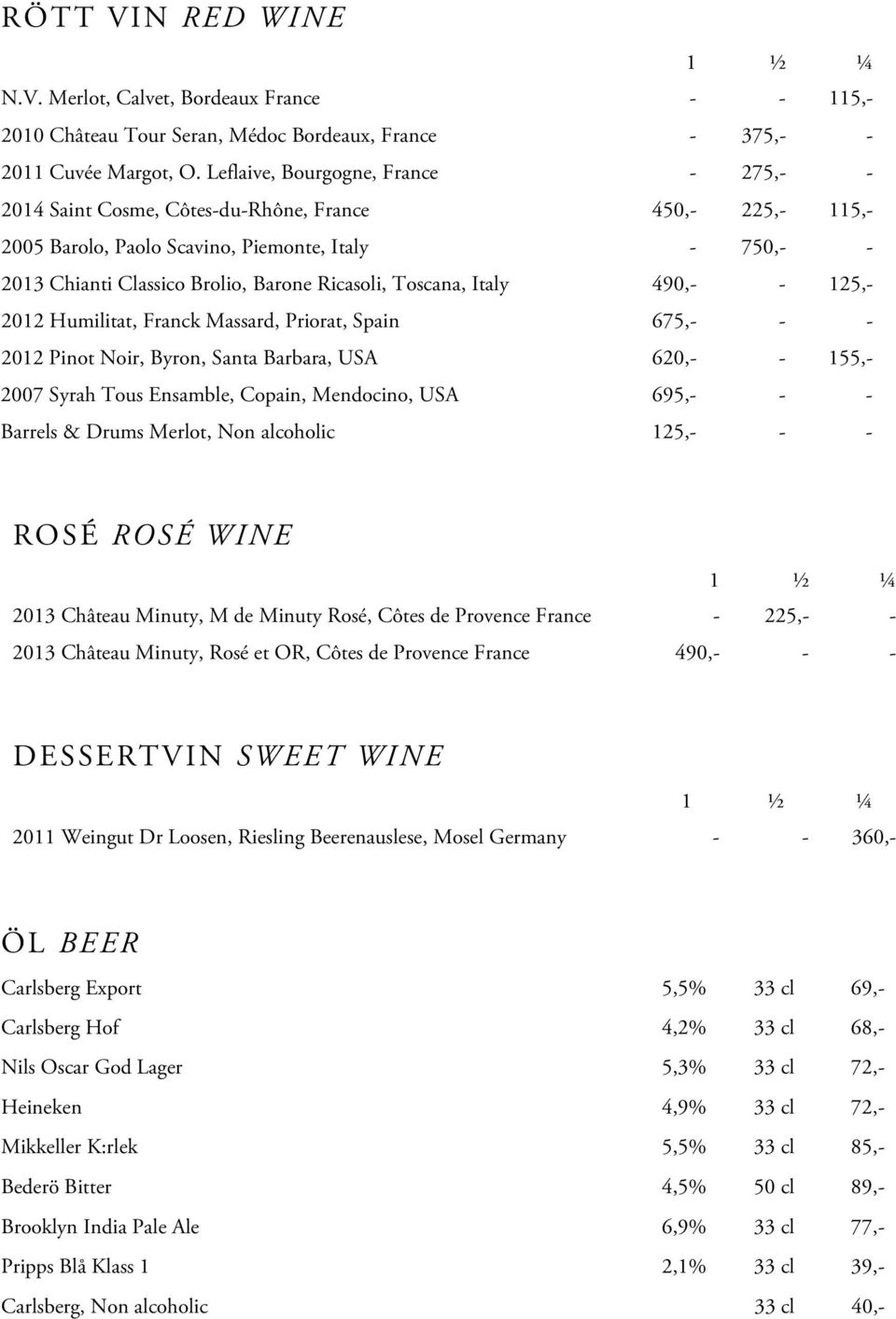 Toscana, Italy 490,- - 125,- 2012 Humilitat, Franck Massard, Priorat, Spain 675,- - - 2012 Pinot Noir, Byron, Santa Barbara, USA 620,- - 155,- 2007 Syrah Tous Ensamble, Copain, Mendocino, USA 695,- -