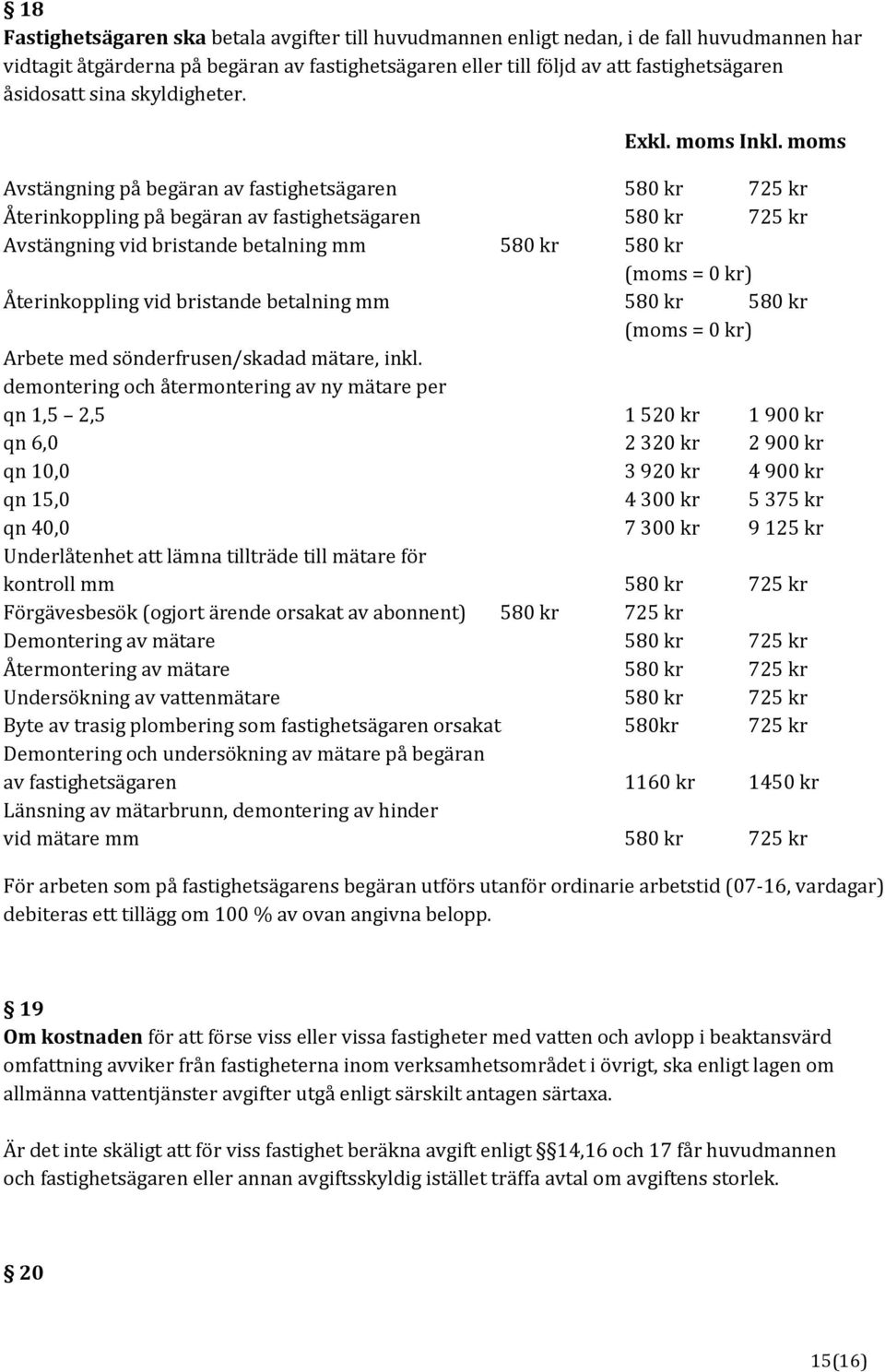 moms Avstängning på begäran av fastighetsägaren 580 kr 725 kr Återinkoppling på begäran av fastighetsägaren 580 kr 725 kr Avstängning vid bristande betalning mm 580 kr 580 kr (moms = 0 kr)