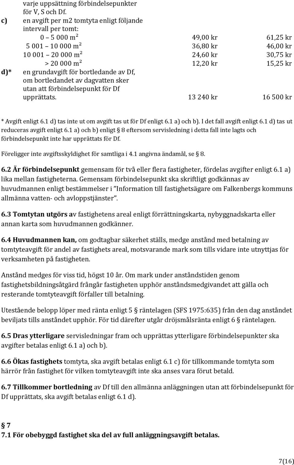 grundavgift för bortledande av Df, om bortledandet av dagvatten sker utan att förbindelsepunkt för Df upprättats. 13 240 kr 16 500 kr * Avgift enligt 6.