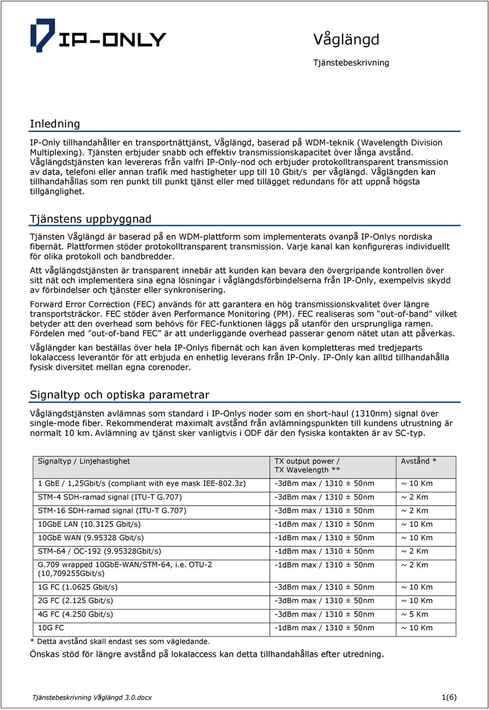 Våglängdstjänsten kan levereras från valfri IP-Only-nod och erbjuder protokolltransparent transmission av data, telefoni eller annan trafik med hastigheter upp till 10 Gbit/s per våglängd.