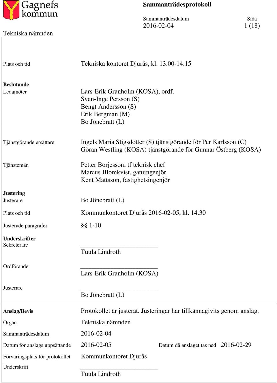 (KOSA) tjänstgörande för Gunnar Östberg (KOSA) Petter Börjesson, tf teknisk chef Marcus Blomkvist, gatuingenjör Kent Mattsson, fastighetsingenjör Bo Jönebratt (L) Plats och tid Kommunkontoret Djurås