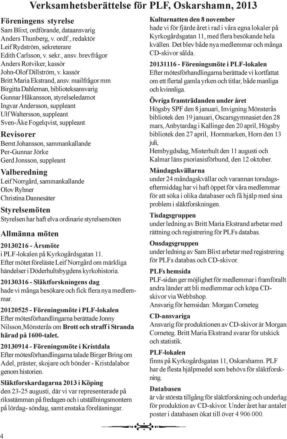 mailfrågor mm Birgitta Dahleman, biblioteksansvarig Gunnar Håkansson, styrelseledamot Ingvar Andersson, suppleant Ulf Waltersson, suppleant Sven-Åke Fogelqvist, suppleant Revisorer Bernt Johansson,