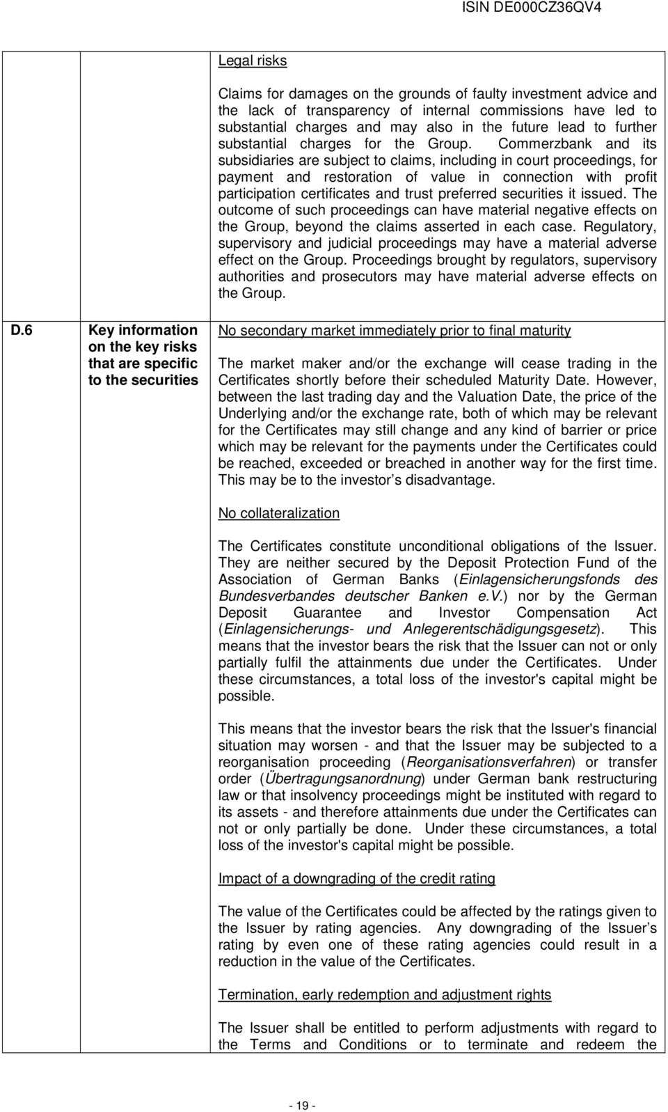 Commerzbank and its subsidiaries are subject to claims, including in court proceedings, for payment and restoration of value in connection with profit participation certificates and trust preferred