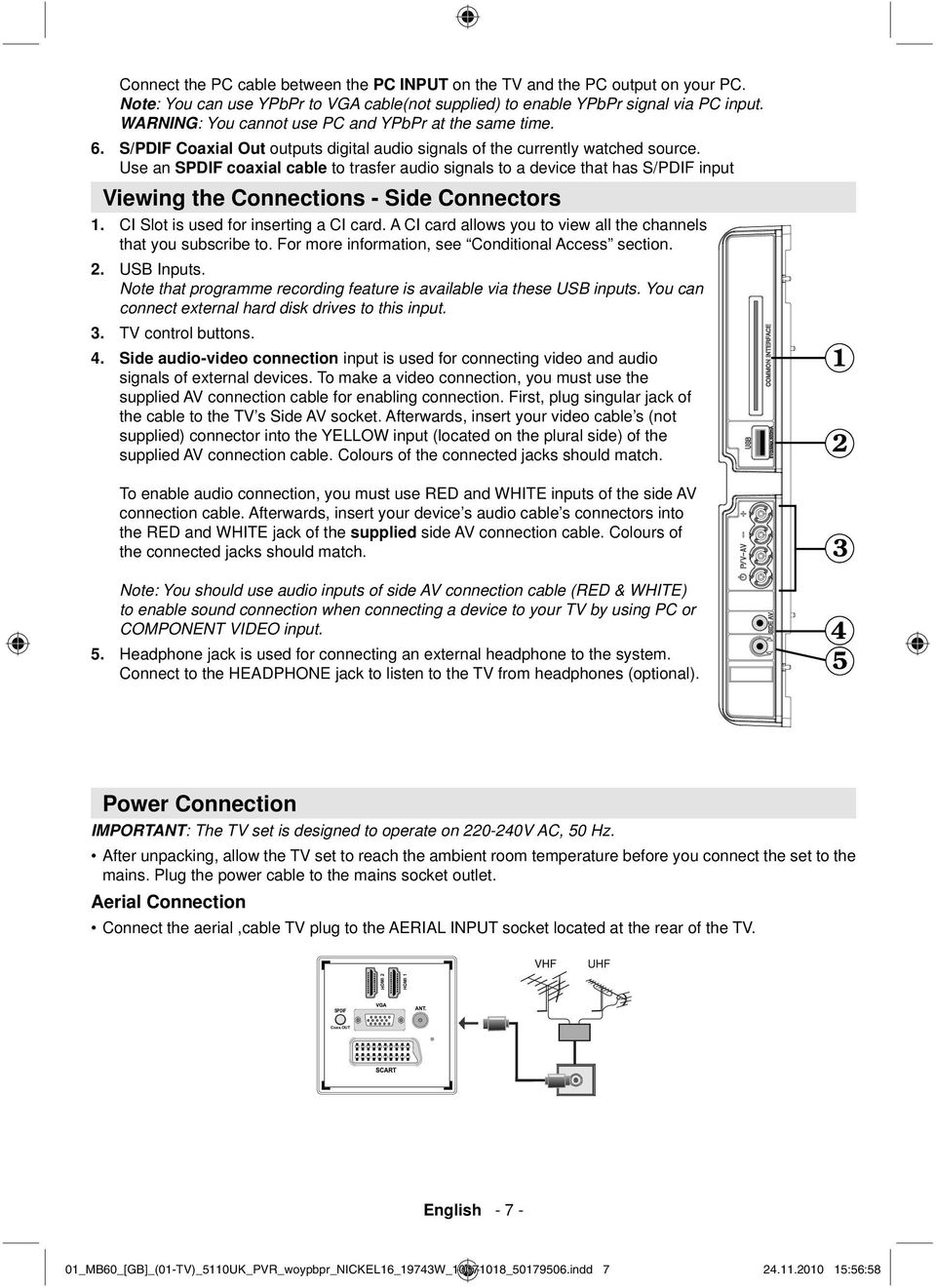 Use an SPDIF coaxial cable to trasfer audio signals to a device that has S/PDIF input Viewing the Connections - Side Connectors 1. CI Slot is used for inserting a CI card.