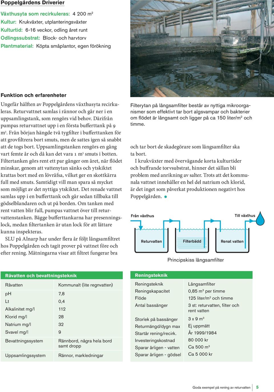 Returvattnet samlas i rännor och går ner i en uppsamlingstank, som rengörs vid behov. Därifrån pumpas returvattnet upp i en första bufferttank på 9 m 3.