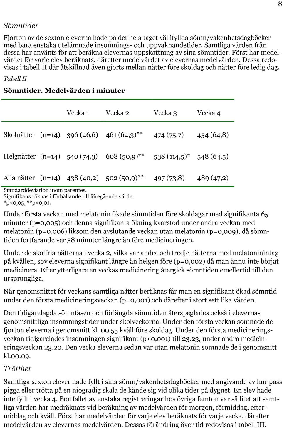 Dessa redovisas i tabell II där åtskillnad även gjorts mellan nätter före skoldag och nätter före ledig dag. Tabell II Sömntider.