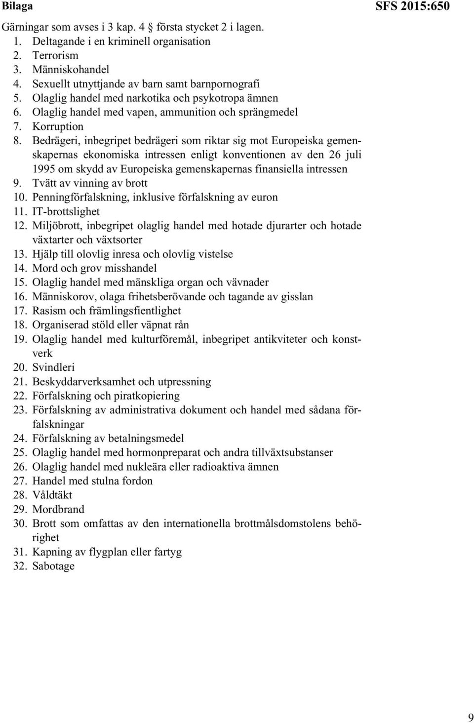 Bedrägeri, inbegripet bedrägeri som riktar sig mot Europeiska gemenskapernas ekonomiska intressen enligt konventionen av den 26 juli 1995 om skydd av Europeiska gemenskapernas finansiella intressen 9.